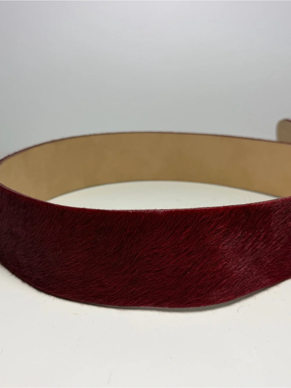 Streets Ahead Pony Hair On leather Hide Belt wide Sz Small Red Bronze Buckle USA